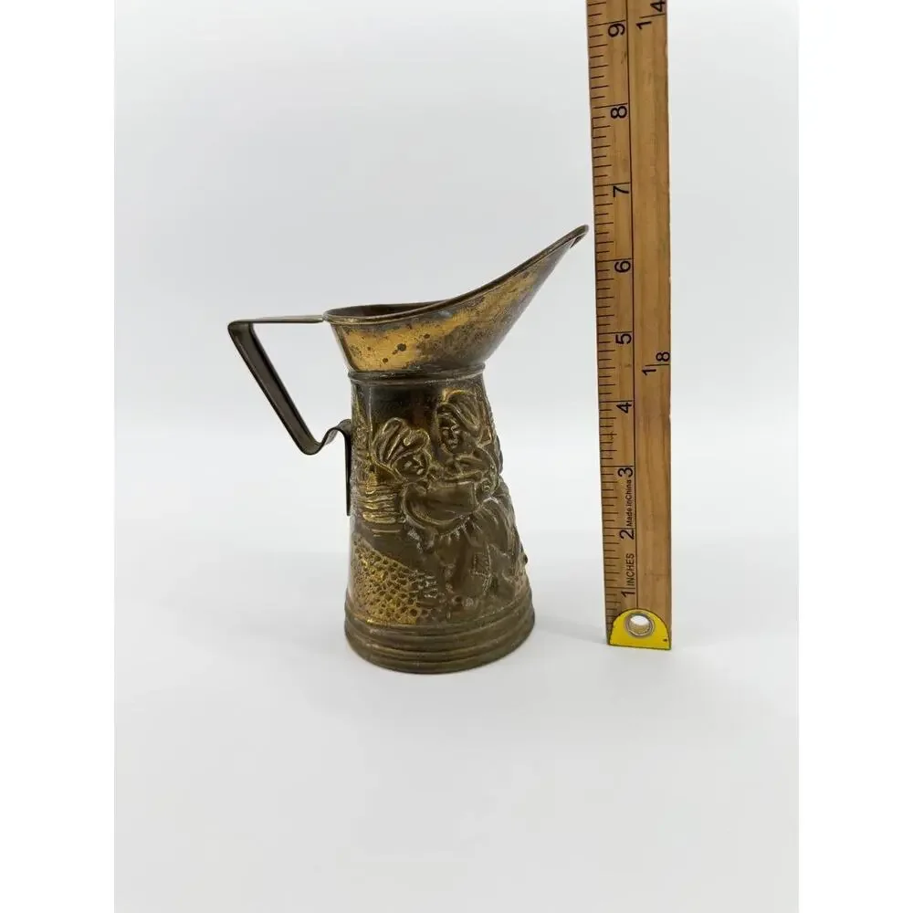 Vintage England Brass Pitcher Jug Embossed Dutch Couple Decorative Vase